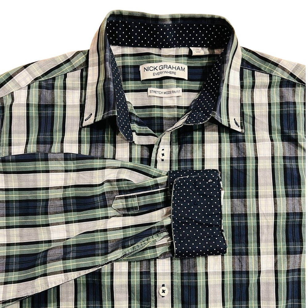 Nick Graham Everywhere Stretch Modern Fit Blue & Green Plaid Flip Cuff Dot XL/TG
